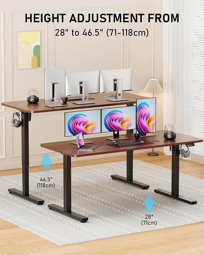 55" Electric Standing Desk Adjustable Height, Sit Stand up Desk for Home Office & Computer Workstation, 2 Memory Height Settings, Splice Board, 2 Hooks, Black Frame/Walnut Top