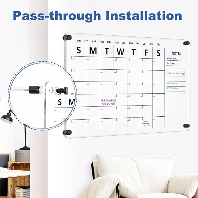 Large Acrylic Calendar for Wall, 24" X 16" Black Clear Acrylic Wall Calendar, Clear Wet & Dry Erase Calendar Hanging Frameless Monthly Planner for Office, Home or School, 2 Markers
