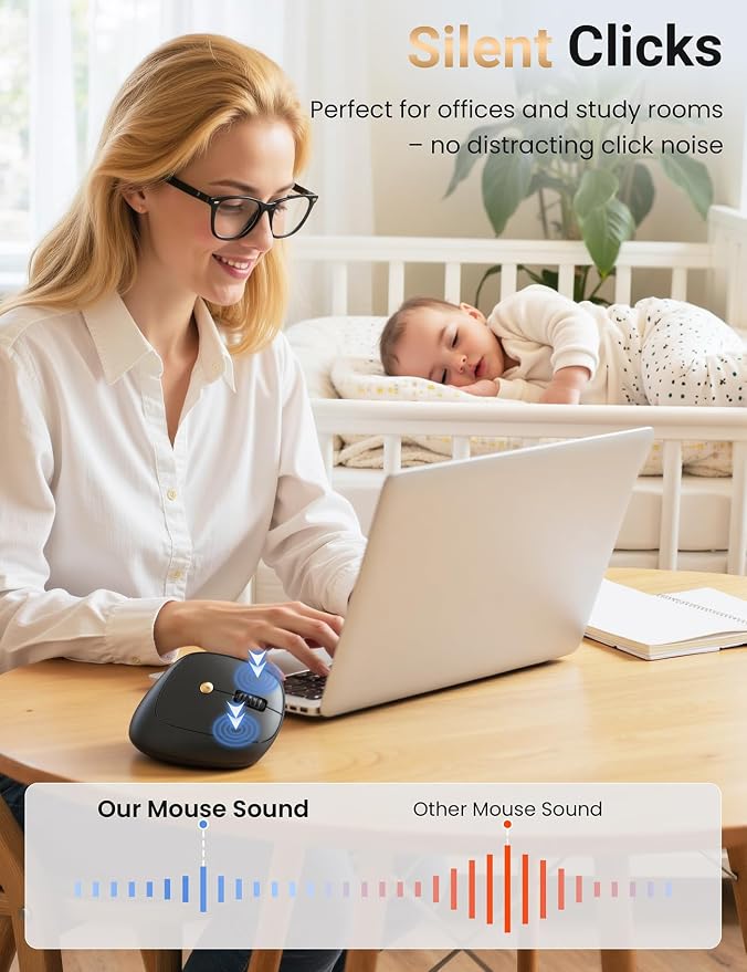 Ergonomic Vertical Wireless Mouse, 57°, Small/Medium Hands, Black | Rechargeable, Quiet Click, 800/1200/1600 DPI, 2.4GHz USB Receiver, Forward/Back Buttons, Computer Mouse for Laptop PC Mac