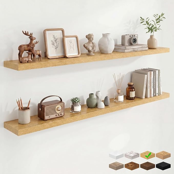 Marsmiles 55in Floating Shelves for Wall, 72" W x 9.25" D x 1.5" H, Long Wall Mounted Engineered Wood Shelves with Invisible Brackets for Living Room, Bedroom, Bathroom, Kitchen, Oak, 2Pcs