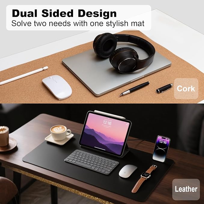 Dual-Sided Desk Pad with Mini Keyboard Brush, 31.5'' x 15.7'' Natural Cork & PU Leather Desk Protector Mat, Waterproof Non-Slip, Computer Desk Mat, Desk Matt for Desktop for Office and Home Work