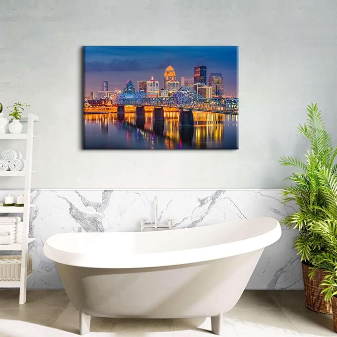 Large USA Downtown Colorful Night Cityscape Canvas Wall Art Louisville Kentucky Build Scenery Pictures Wall Decor Bathroom Modern Bridge Landscape Poster Prints Painting Artwork Home Decoration 32x48"