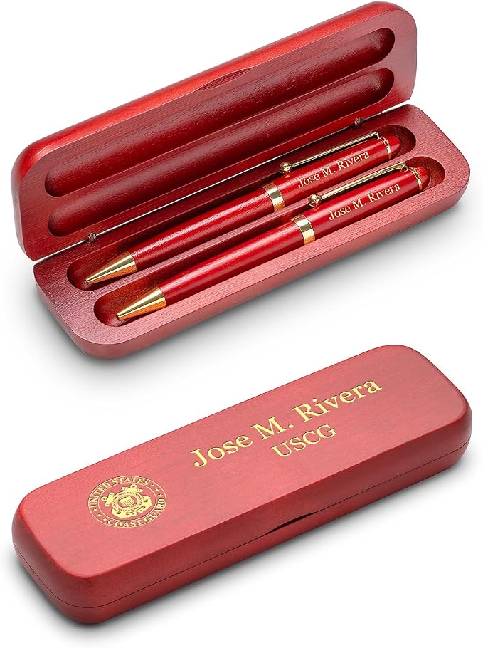 Executive Gift Shoppe | Coast Guard Theme Personalized Cherry Finish Pen and Pencil Set