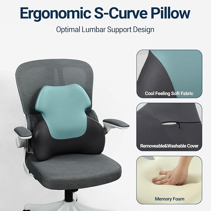 Season Guard Back Support Pillow, Lumbar Pain Relief Cushion for Office/Car | Ergonomic Design, 60D Memory Foam, Cooling Cover, Support Full Spine, Fits Chairs & Cars, Relieve Back Pain, Improves Posture