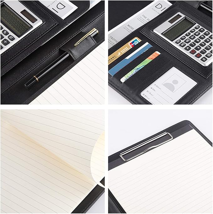 Padfolio/Portfolio Folder Clipboard,Resume/Interview Document Organizer & Business Card Holder Slot/Letter/A4 Size Writing Pad Holder,Faux Leather Office Conference Notepad Clip Boards, Black