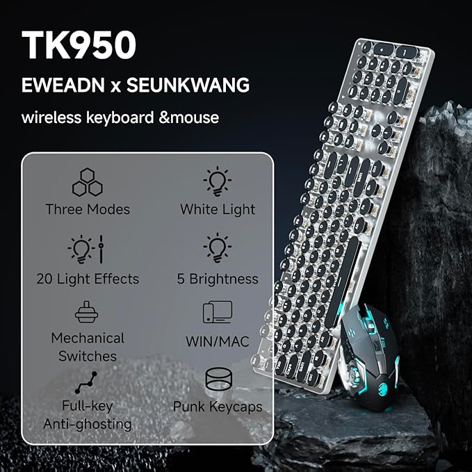 EWEADN TK950 Typewriter Mechanical Keyboard and Mouse, 104 Keys Aesthetic Typewriter Keyboard Mouse Combo with White Backlit, Anti-Ghosting, Black Switch Bluetooth/2.4GHz/Wired Cute Keyboards-Black
