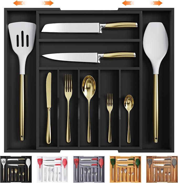 Large Premium Bamboo Silverware Organizer - Expandable Utensil Drawer Organizer - 17"x19.6" Utensil Holder and Cutlery Tray with Grooved for Kitchen Flatware and Utensils(7-9 Slot, Black)