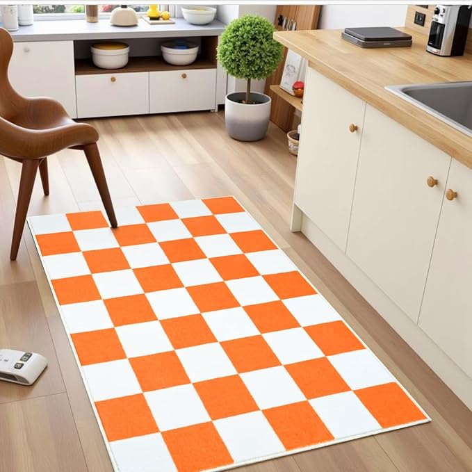 Terrug Orange and White Checkered Rug for Entryway,2x3 Small Area Rugs Washable with Non Slip for Kitchen,Soft Low Pile Retro Carpet for Bedroom Front Door Porch