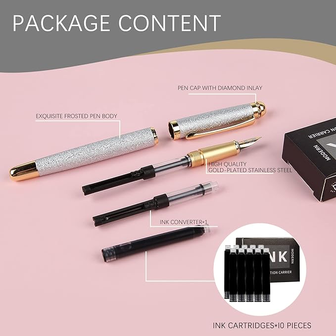 fountain pen-Multiple color styles with rhinestone,diamond inlay and frosted finish,Cute pens,Luxury pen,Office pens,Best pen set,Includes 10 Ink Cartridges and Ink Refill Converter(Silver)