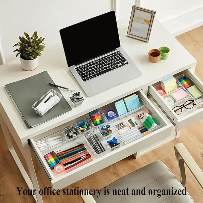 16 Pcs Extendable Clear Drawer Organizer, All Adjustable Vanity Storage Box, 2-Size Desk Drawer Organizer, Durable Storage Bins for Makeup, Cosmetic, Bedroom Dressers Tool Organizer for Gadgets