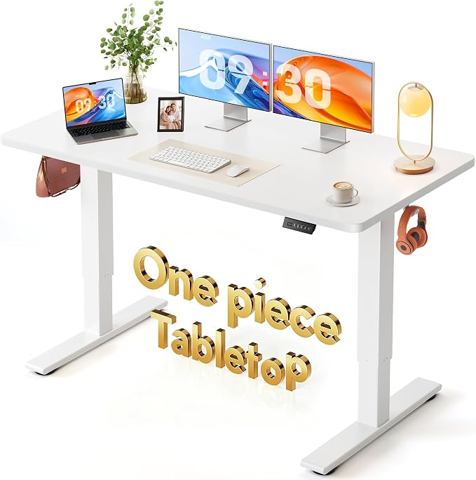 FEZIBO One-Piece Standing Desk, 55"x28" Seamless Tabletop Electric Height Adjustable for Home Office, Study Rooms & Multi-Device Workstations, White