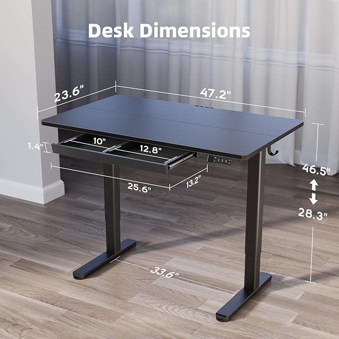 YDN Standing Desk with Drawer 48 x 24 Inch Electric Height Adjustable Black | Steel frame supports 176 lbs, 28.3 to 46.5 inch height range, 3 memory presets, quiet 45 dB motor, drawer holds 11 lbs
