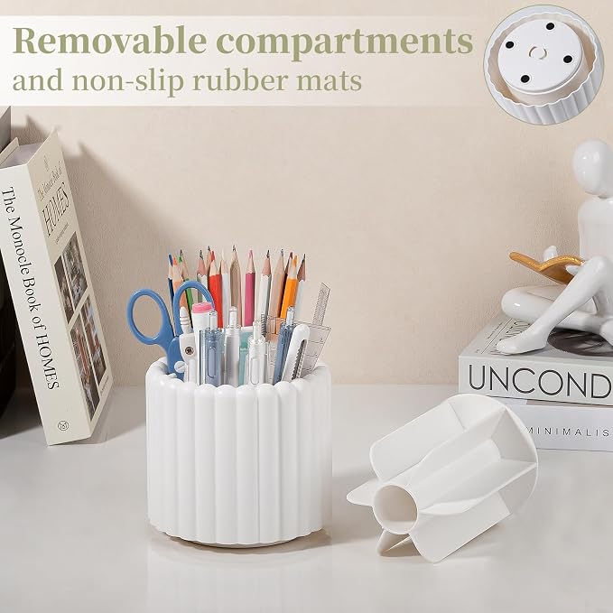 360° Rotating Pen Holder for Desk Removable Pencil Organizer, White | 7 Slots Pen Cup Cute Office Supplies and Accessories Plastic Desktop Storage Box Art Caddy for School, Work, Home