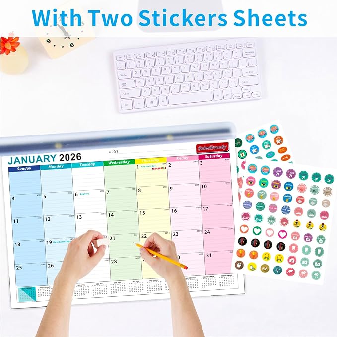 Desk Calendar 2026 with Stickers 18 Months Calendar Runs from January 2026 to June 2027 Large 17 x 12 inch Desktop or Wall Monthly Calendar Planner for Schedule Organization, Colorful
