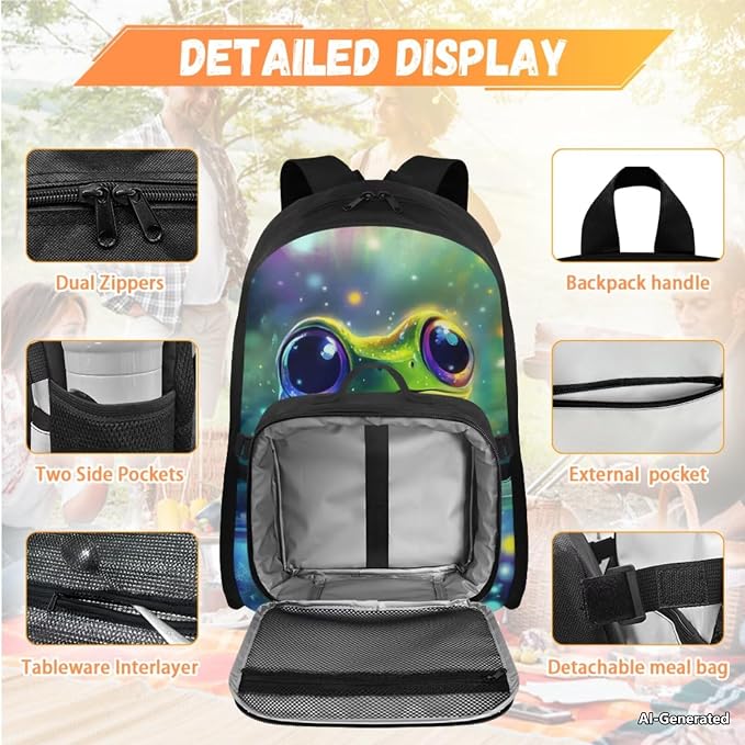 Doojoayie Bookbag and Lunch Box Set for Girls Frog Backpack for School Lightweight Kids Back Pack Cute Girls School Bag 3rd Grade Backpack for Primary Elementary Student