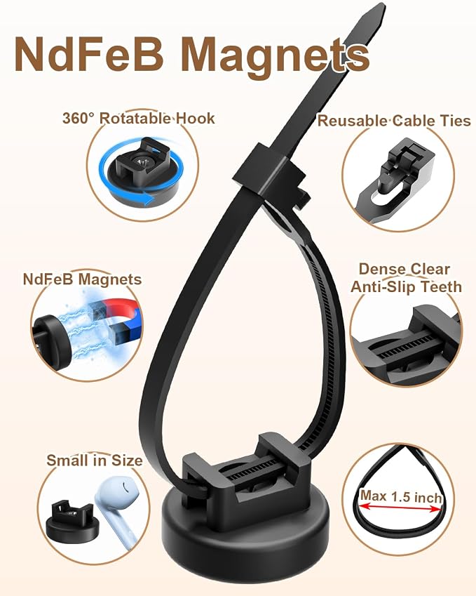 125 Pcs Magnetic Cable Zip Tie Mounts, Magnetic Cable Ties (25 Pcs Multipurpose Magnets & 100 Pcs Releasable Zip Ties) Magnetic Wire Holder for Home Office Electrical Wire Management