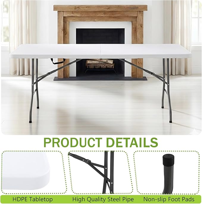 FDW 6FT Plastic Folding Table, Portable with Carrying Handle Perfect for Indoor, Outdoor, Party, Dining, Wedding, Events, Camping, White