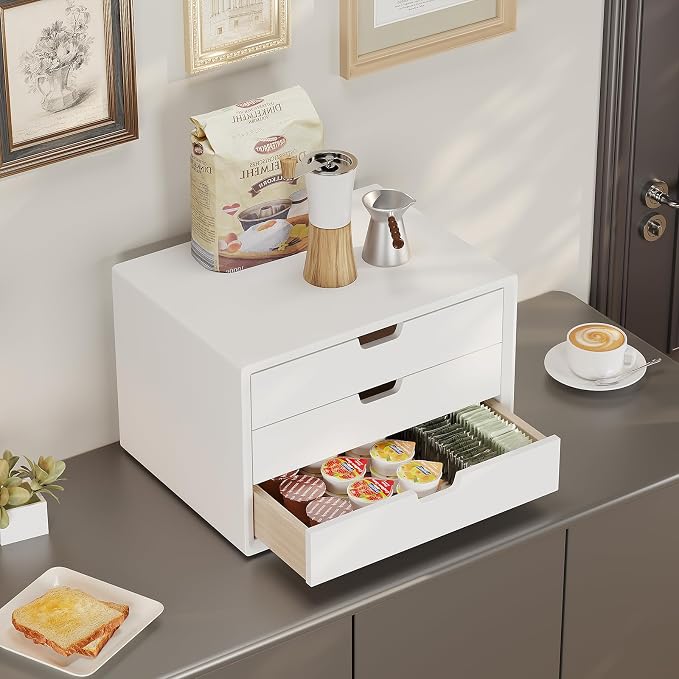 LitaEther Desk Organizer with 3 Drawers, ALEX Drawer Unit, Chic White Wood Cosmetic Makeup Organizer for Office Vanity Tabletop Storage 13.8"X 9"X10.2"
