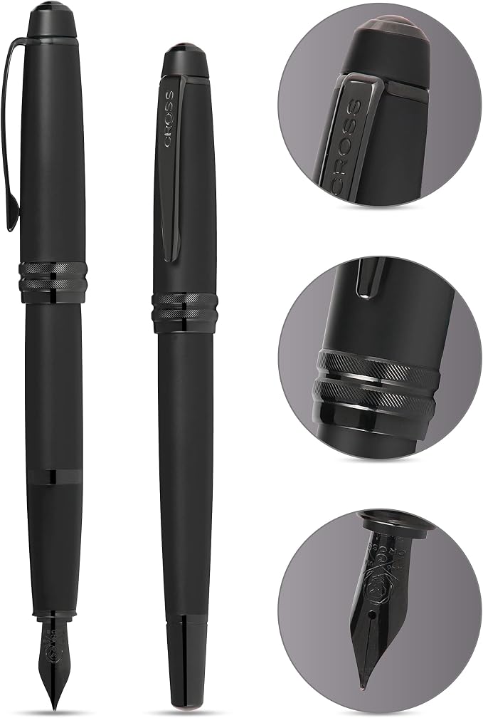 Cross Bailey Matte Black Lacquer Stainless Steel Medium Nib Fountain Pen - Professional Fountain Pen for Effortless Writing - Refillable - Black Ink - Gift-Ready