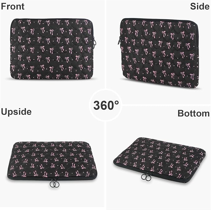 Cute Bow Puffy Laptop Sleeve 13-15 Inch Cute Quilted Laptop Protective Case Padded Bow Computer Sleeve for MacBook