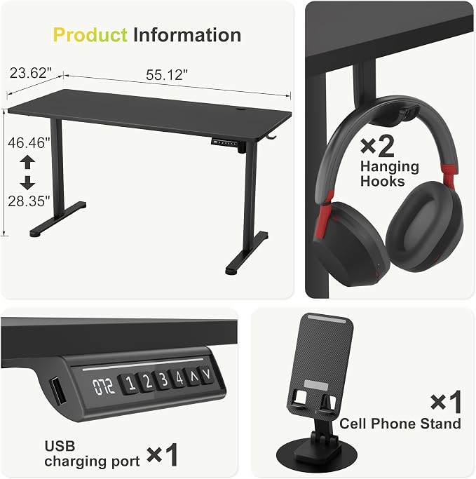 Furmax Electric Standing Desk, 55 x 24 Inches Sit Stand up Desk, Sit Stand Height Adjustable Home Office Desk with 4 Height Position Memory (Black, 55)
