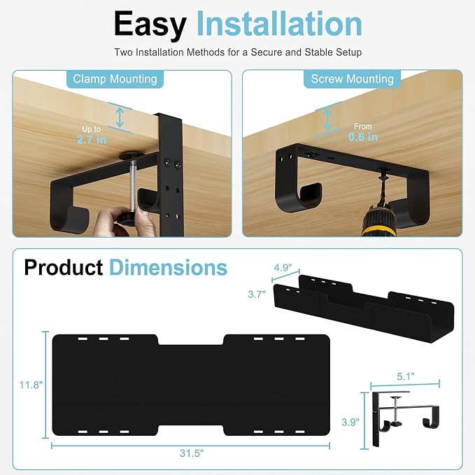 No-Drill Under Standing Desk Cable Management,31.5" L,Black | Upgraded 0.25" Heavy-Duty Felt Cable Organizer,Desk Wire Management Tray with Clamp or Screw Mount, for Home Or Office