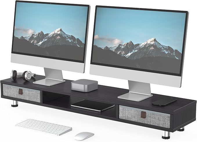 Fenge Dual Monitor Stand, 2-Tier Desk Organizer with Drawers, 42.5in, Black | Storage Fabric Drawer, Ergonomic Height Adjustable, Desk Shelf for Top of Desk, Laptop, PC, TV, Home Office Organization