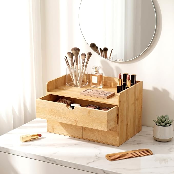Desk Organizer with Drawers - Bamboo Desktop Organizer Storage | Wood Desk Drawers Organizer for Bills, Office Supplies, Cosmetics, Seals No Assembly Required