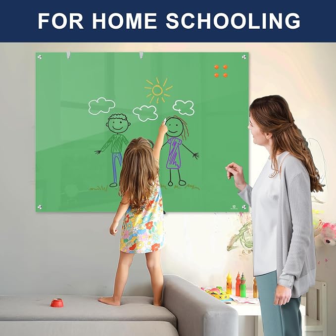 TSJ OFFICE Glass Dry-Erase Board - 48 x 36 Inches Wall Mounted Magnetic Whiteboard, Large Frameless Glass White Board for Office, Home & School, Green