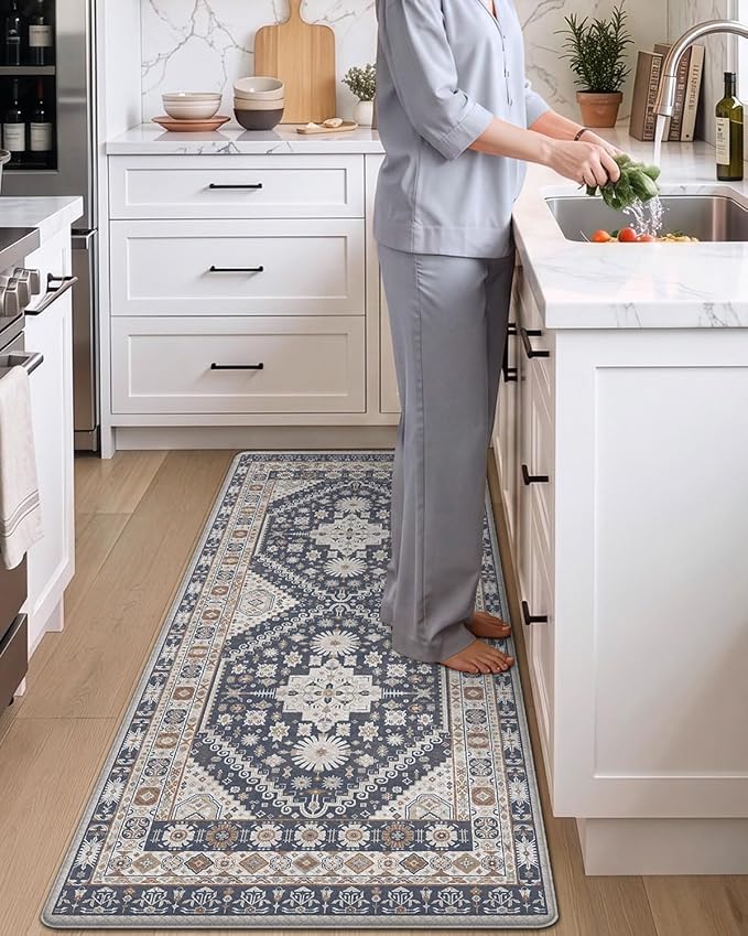 DEXI Kitchen Floor Mats Anti Fatigue, 23x86 Large Cushioned Vintage Runner Rug Waterproof, Standing Comfort Memory Foam Padded for Front Sink Laundry Office, White Grey