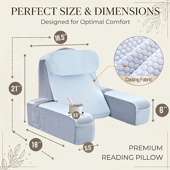 Reading Pillow for Adults, Back Pillow for Bed Sitting Up, Backrest Pillow for Sitting in Bed, Detachable Arms with Built-in Cup & Phone Caddy (White Cooling - Polka, 21 INCH)