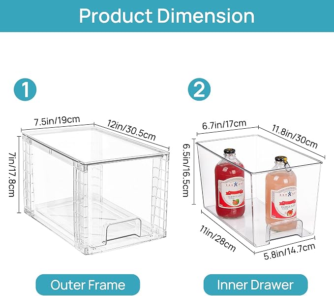 Vtopmart 4 Pack Stackable Clear Pantry Storage Drawers, Large | Large Clear Drawers with Handles. Stackable, Easy to Assemble, Non-slip and Sturdy for Pantry, Kitchen, Cabinet & Bathroom.