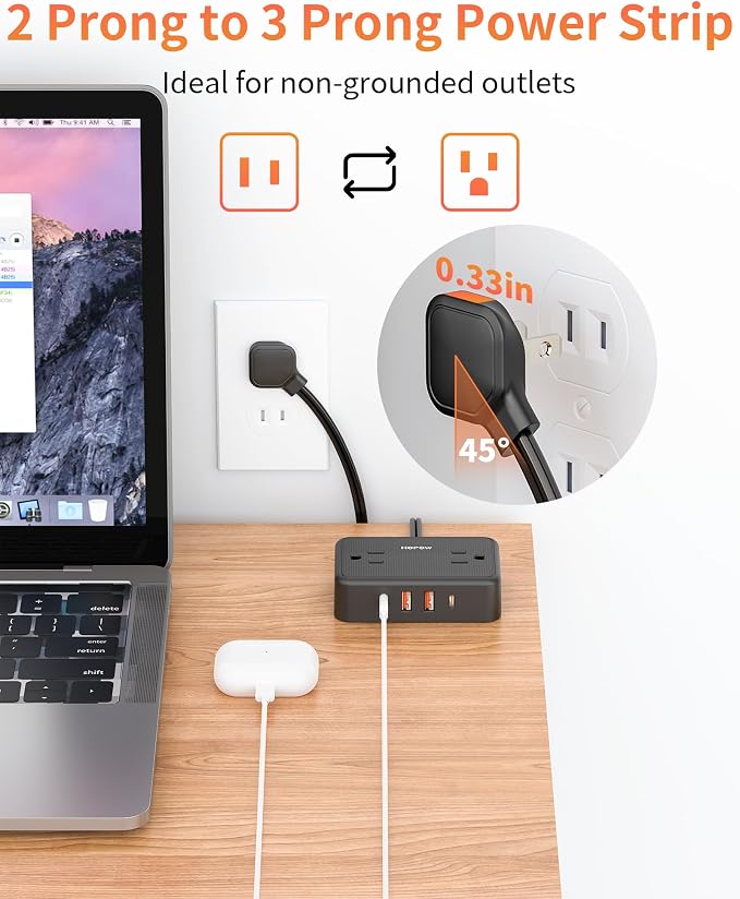 HOPOW 2 Prong Power Strip, 2 Prong to 3 Prong Outlet Adapter with 4 AC Outlets & 4 USB(2 USB-C), 6FT Two Prong Surge Protector, 900 Joules, Wall Mount Extension Cord for Non-Grounded Outlet, Black
