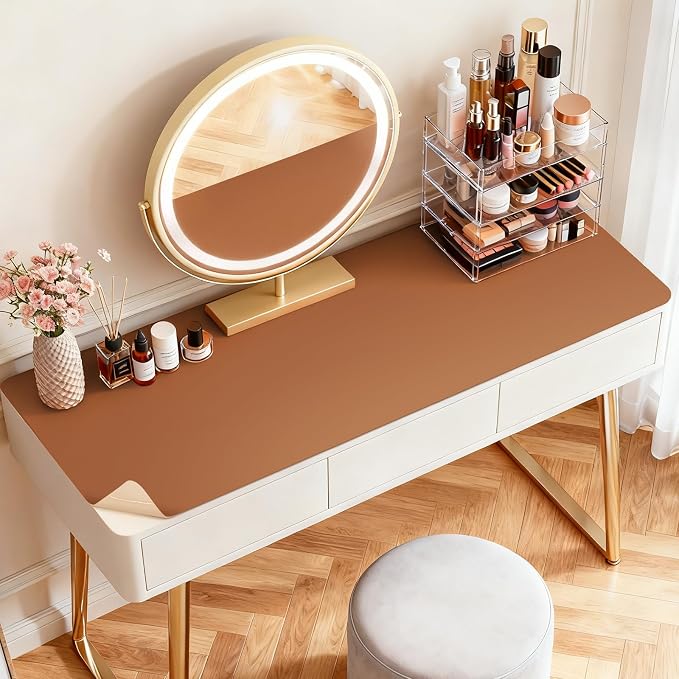 LovePads Makeup Mat for Vanity, 16 x 32 Dual-Sided Desk Pad & Vanity Cover Top, Waterproof PVC Protector Mat for Dresser, Nail Art, Craft Table (Brown+Beige)
