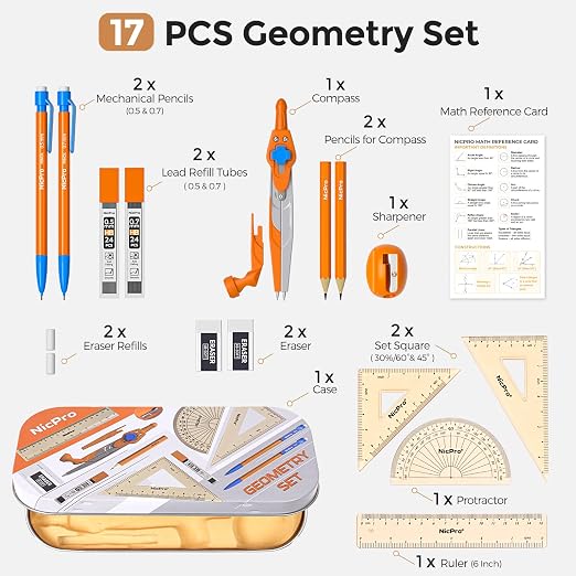 Nicpro 17 PCS Compass Geometry Set for Students, Drafting Tools Math Protractor Compass with Rulers, Mechanical Pencil, Square Set, Box of Protractors Kit for Class Supplies, Back to School Supplies