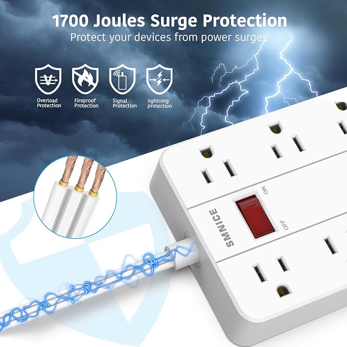 Power Strip Extension Cord, SMNICE Flat Plug Long Extension Cord 10 Ft with 8 Widely Spaced Outlets 6USB(1 USB C) Charging Station, Wall Mount for Dorm Home, Office Accessories,White