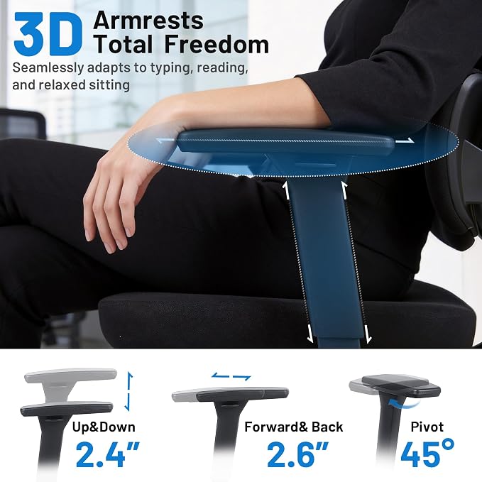 Ergonomic Office Desk Chair, High Back Breathable Mesh Computer Chair, 3D Lumbar Support, 2D Headrest & 3D Armrests, 300lbs Heavy Duty Task Chair for Home Office Work Gaming, Black