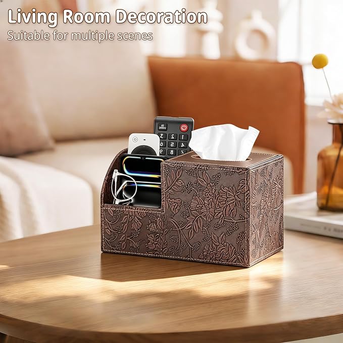 PU Leather Square Tissue Box Cover - Multi-Functional Tissue Box Holder | Tissue Box Cover with Storage ,Tissue and Remote Control Holder, Cube Tissue Box Organizer Bedroom Nightstand End Table