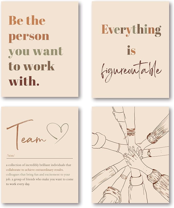 XWELLDAN Be The Person You Want to Work With Team Work Wall Art Decor, Motivational Office Artwork, 8x10 Unframed Set of 4