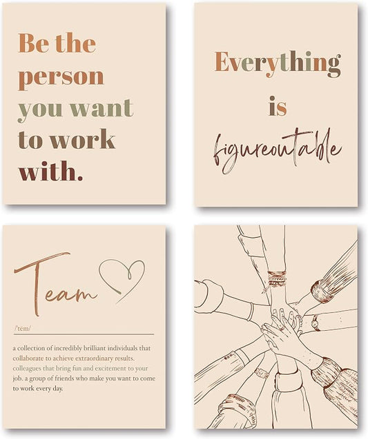 XWELLDAN Be The Person You Want to Work With Team Work Wall Art Decor, Motivational Office Artwork, 8x10 Unframed Set of 4