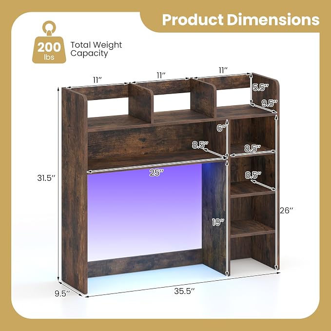 Tangkula Desktop Bookshelf with LED Lights, Desk Hutch with 8 Shelves for Max 25" Monitor, Desktop 5-Tier Display Rack, Multipurpose Wood Desktop Storage Hutch Organizer for Dorm Office Home