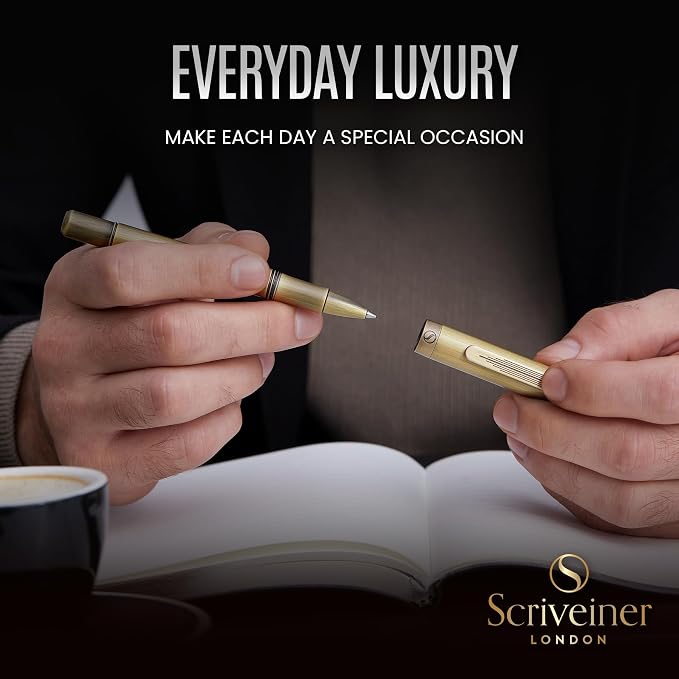 Scriveiner Brass EDC Luxury Rollerball Pen, Stunning Heavy Pocket Rollerball, Hand Brushed Bronze Finish, Best Writing Gift for Men, Women, German Schmidt Refill, Fancy Office & Designer Pen