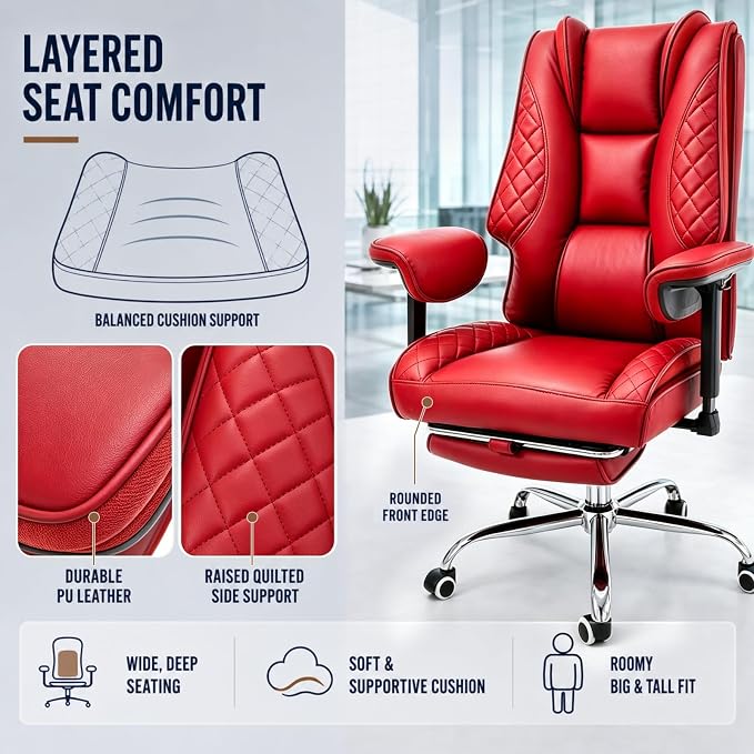 Big and Tall Office Chair，Heavy Duty Wide Executive Office Chair (Red) | Breathable Leather，Double-layered Backrest，Seat Cushion Designed of Deluxe Embroidery Leather，Foot Rest, Adjustable Armrests