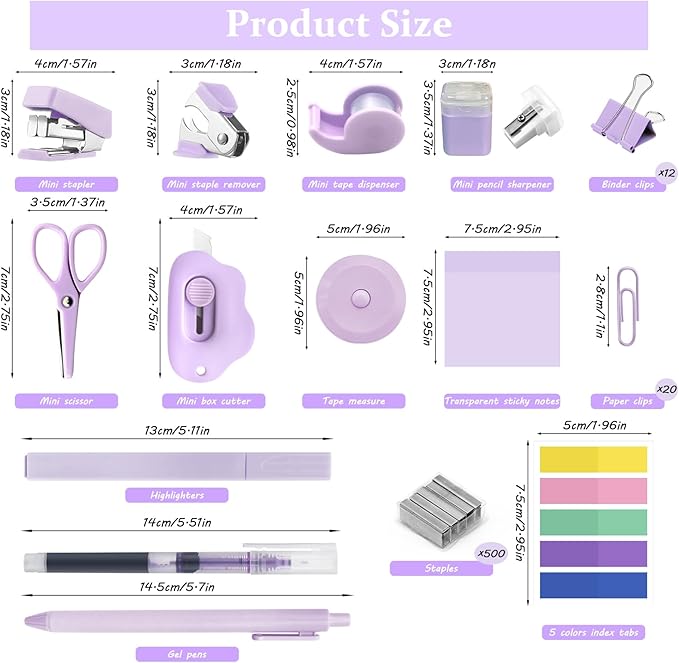 Mini Office Supply Kit, Mini Stapler with Staples and Tape Dispenser Set, Mini Stationary Kit Includes Sticky Notes Index Tabs Highlighters Gel Pens for Office & School Supplies (Purple)