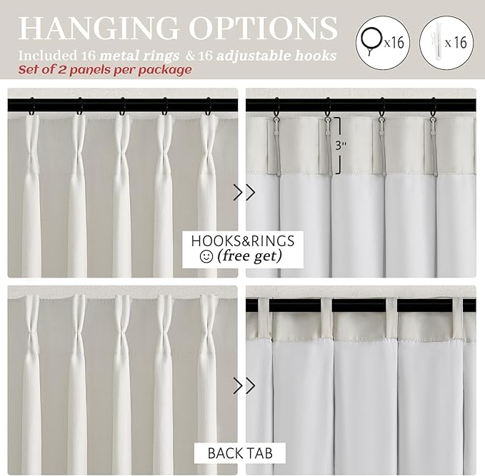 PleatedDrapes Beige White Dual Layer Blackout 102 Inch Length Curtain Panels 2 for Sliding Glass Door, Luxury Pinch Pleated Flax Linen Ceiling Track Curtain Thermal Room Darkening Ivory Window Drapes