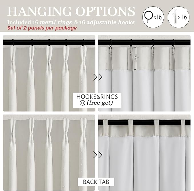 Blackout Beige White Curtains 98 Inch Long 2 Panels Set for Living Room, Farmhouse Memory Trained Pinch Pleated Two Layer Thick Linen Thermal Noise Reducing Windows Curtain 40"x98" Inches Length
