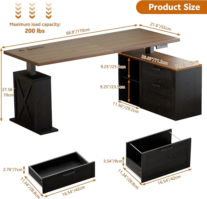 67" L Shaped Standing Desk with Drawers, Electric Height Adjustable Corner Desk, Sit Stand Office Desk with 4 AC Outlets & Type C Port, Executive Computer Desk with Cabinet, Brown & Black