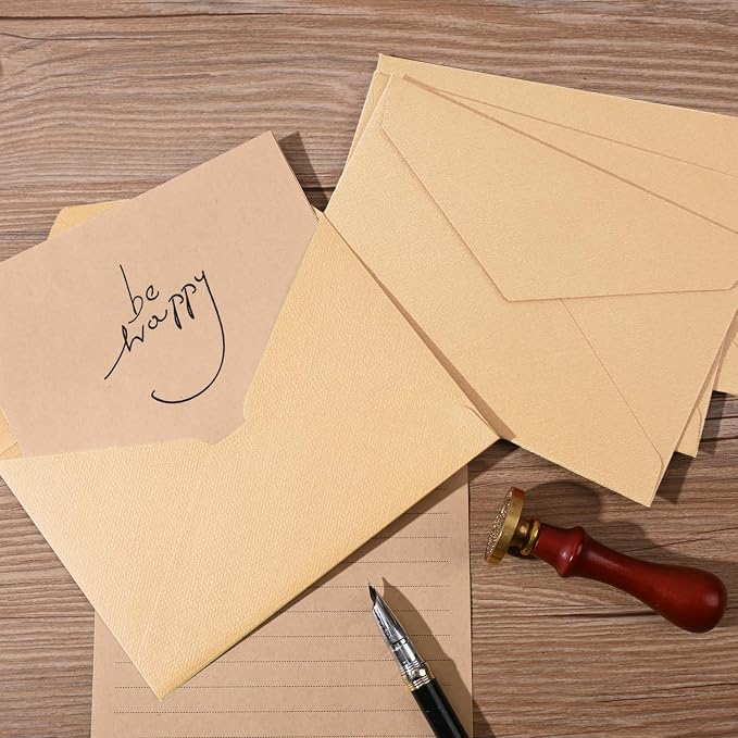 48 Pieces Stationery Set with Envelopes (24 Kraft Paper Sheets + 12 Linen Texture Envelopes+12 Wax Seal Stickers), Stationery Letter Writing Paper Set for Love Letters and Party Invitations (Yellow)