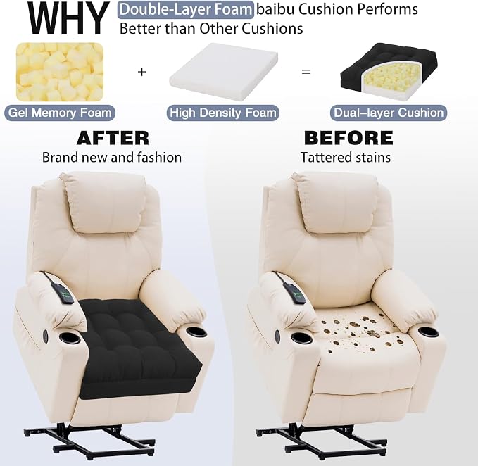 baibu Extra Large Memory Foam Recliner Cushions with Lumbar Support Pillow for Elderly, 20x20x5 Inch Thick Dual-Layer Patent Design Non-Slip Recliner Seat Cushion for Reduce Hip & Lumbar Pain, Black