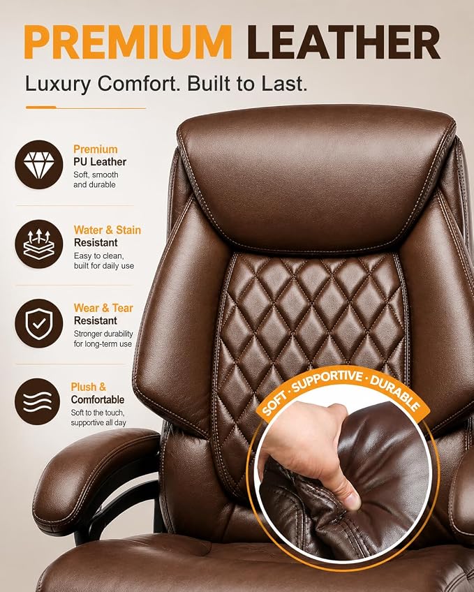 Big and Tall Executive Office Chair with Adjustable Lumbar Support, Extra Wide Seat, Heavy Duty Computer Desk Chair for Long Working Hours, Gaming & Home Office, Quiet Rolling Wheels
